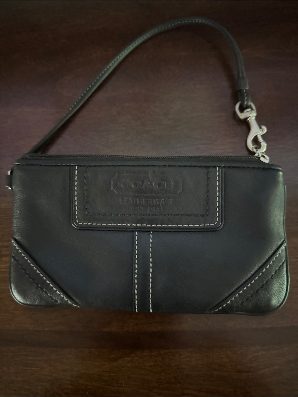 Coach Black Leather Wristlet Clutch with Contrast Stitching